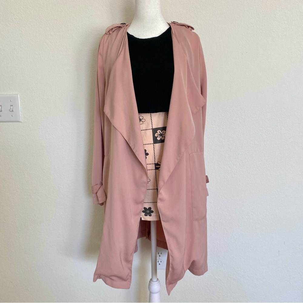 Dusty Rose Pink Open Front Trench Coat with Pockets